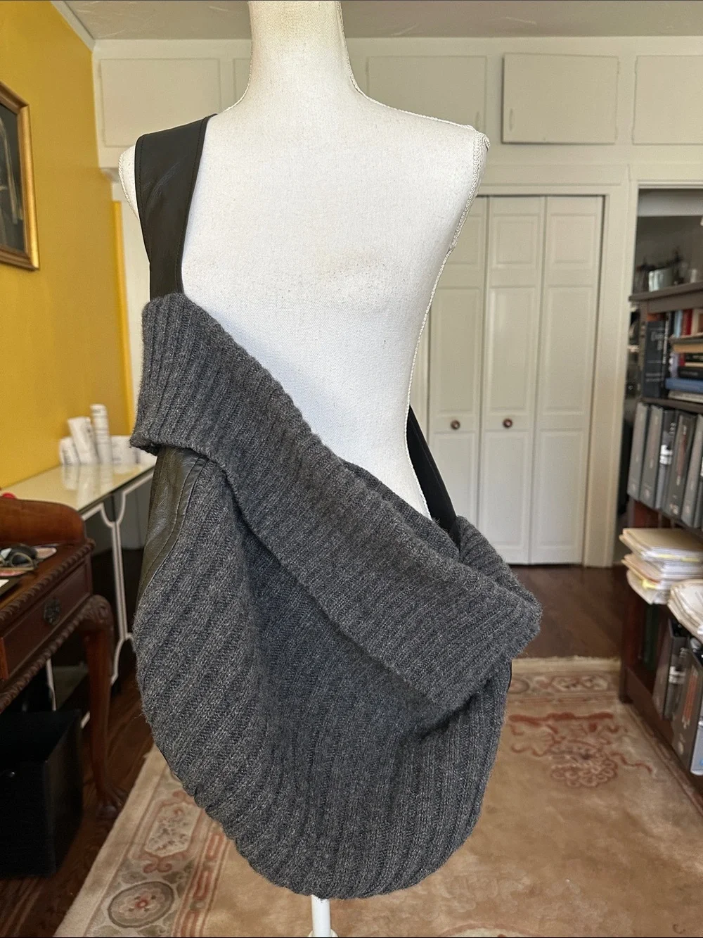 Darzzi Leather and Gray Lambswool Ribbed Knit Hobo Bag Slouchy Oversized Sling